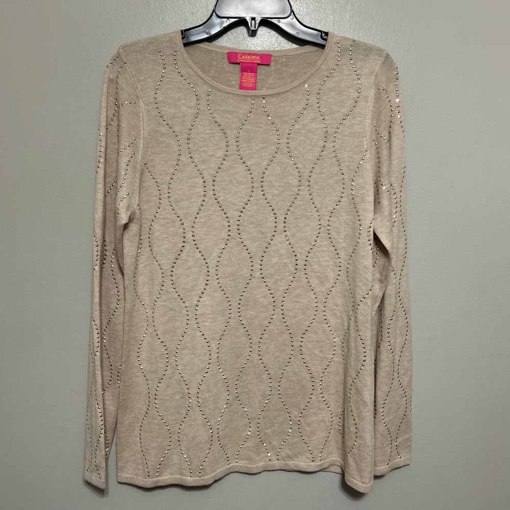 Catherine Malandrino Women Sweater L Tan Rhinestone Cashmere Blend Glam Chic Top